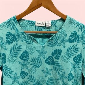 Y2K Teal tropical leaves v-notch 3/4 sleeve top Keneth Casuals